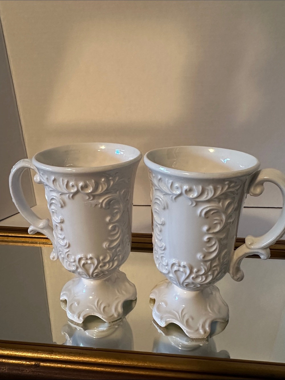Ornate Vintage White Ceramic Pedestal Mugs - Set of 2